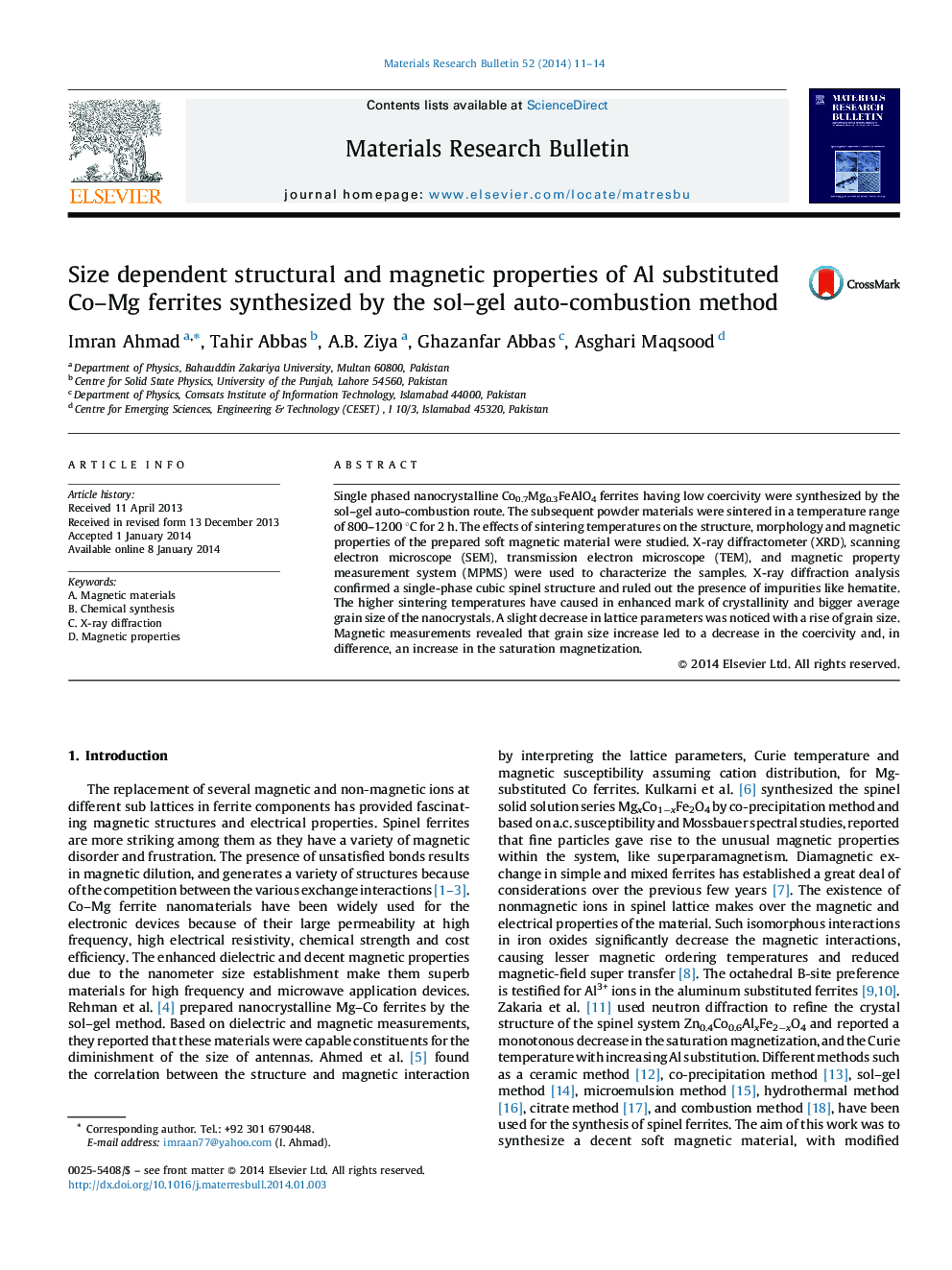 Size dependent structural and magnetic properties of Al substituted Co–Mg ferrites synthesized by the sol–gel auto-combustion method