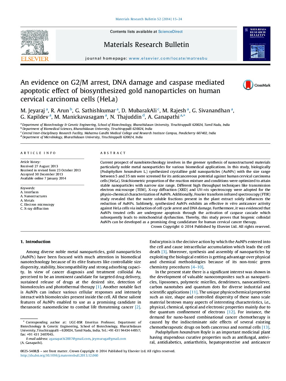 An evidence on G2/M arrest, DNA damage and caspase mediated apoptotic effect of biosynthesized gold nanoparticles on human cervical carcinoma cells (HeLa)