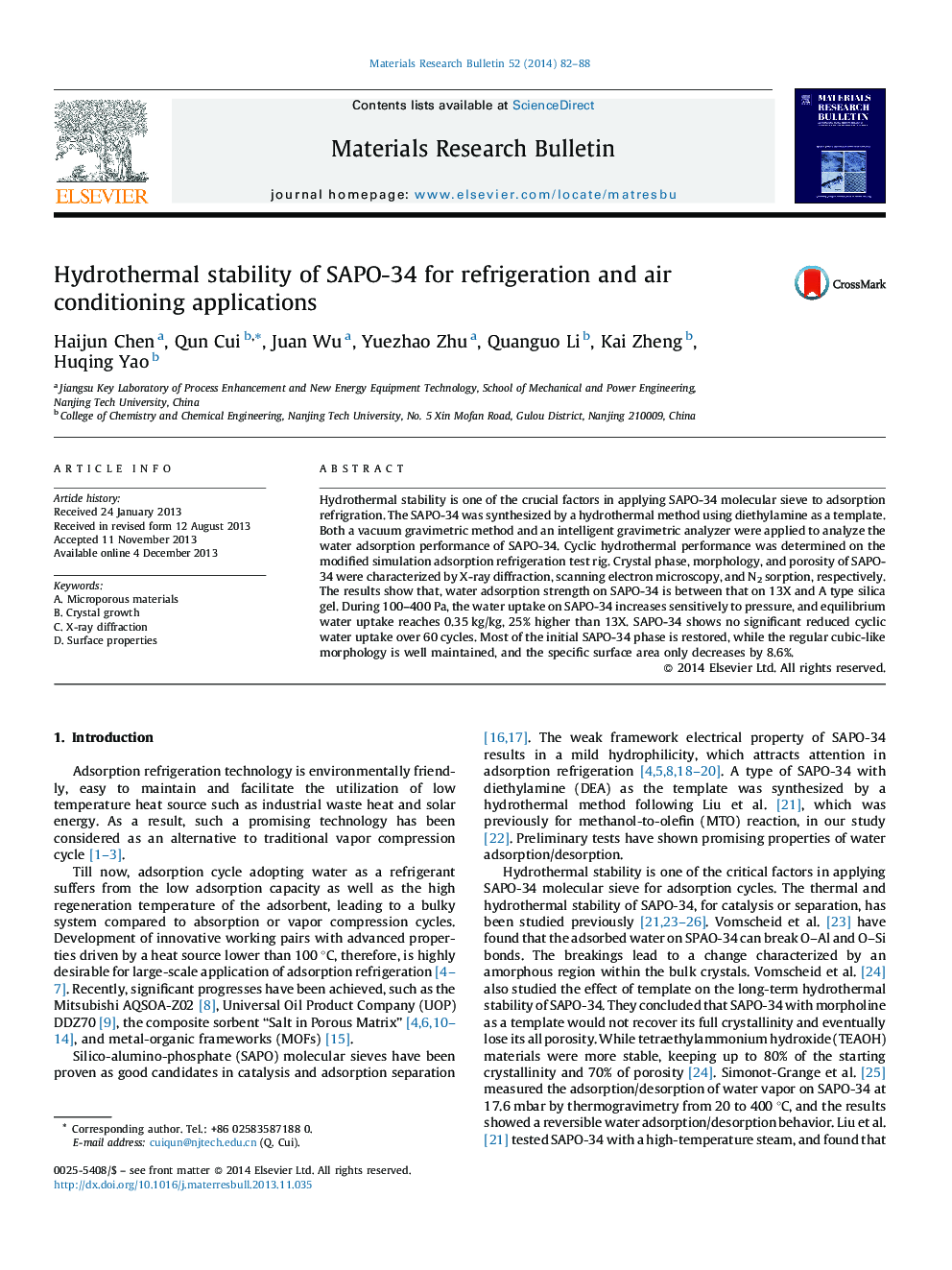 Hydrothermal stability of SAPO-34 for refrigeration and air conditioning applications