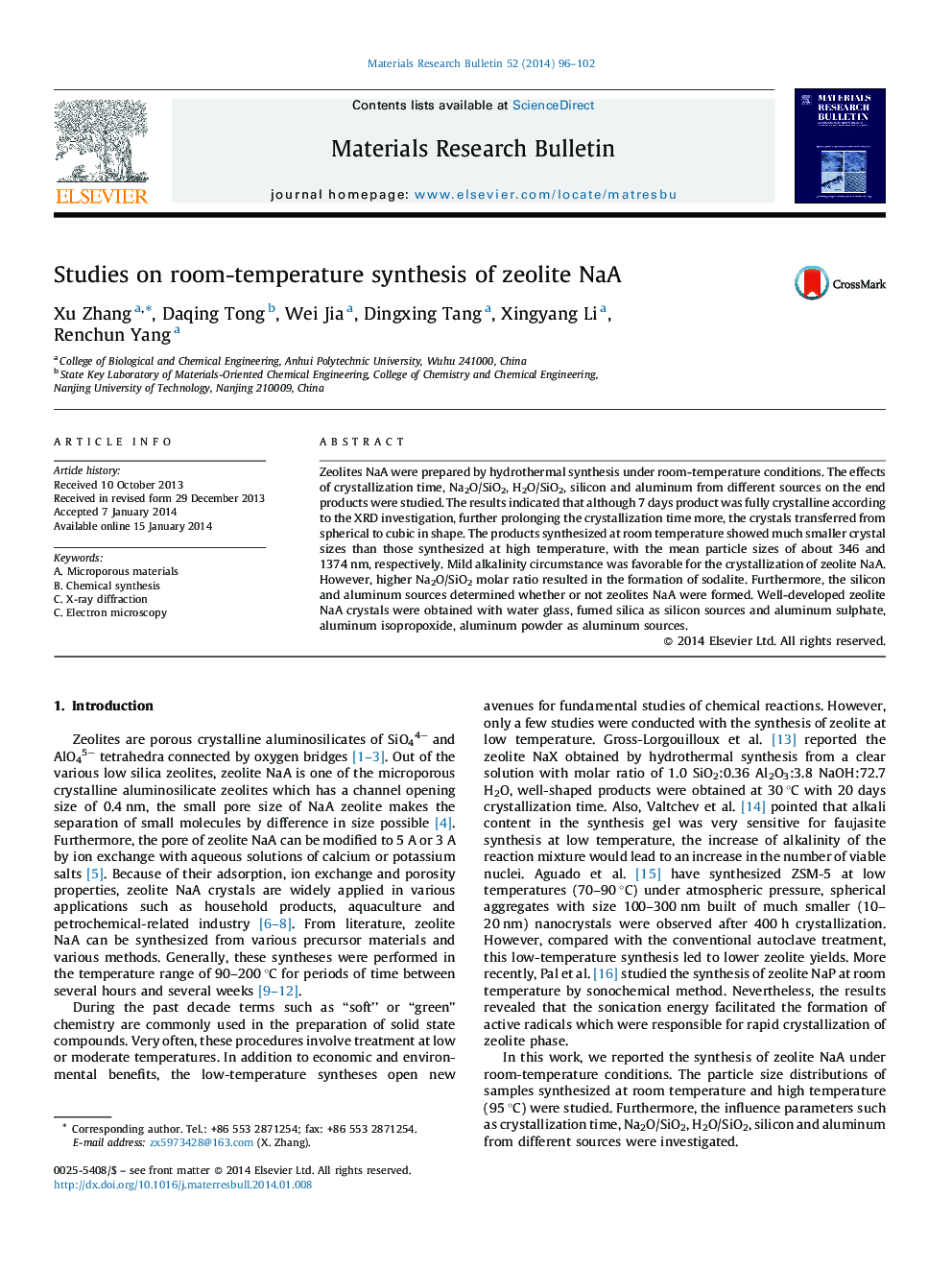 Studies on room-temperature synthesis of zeolite NaA