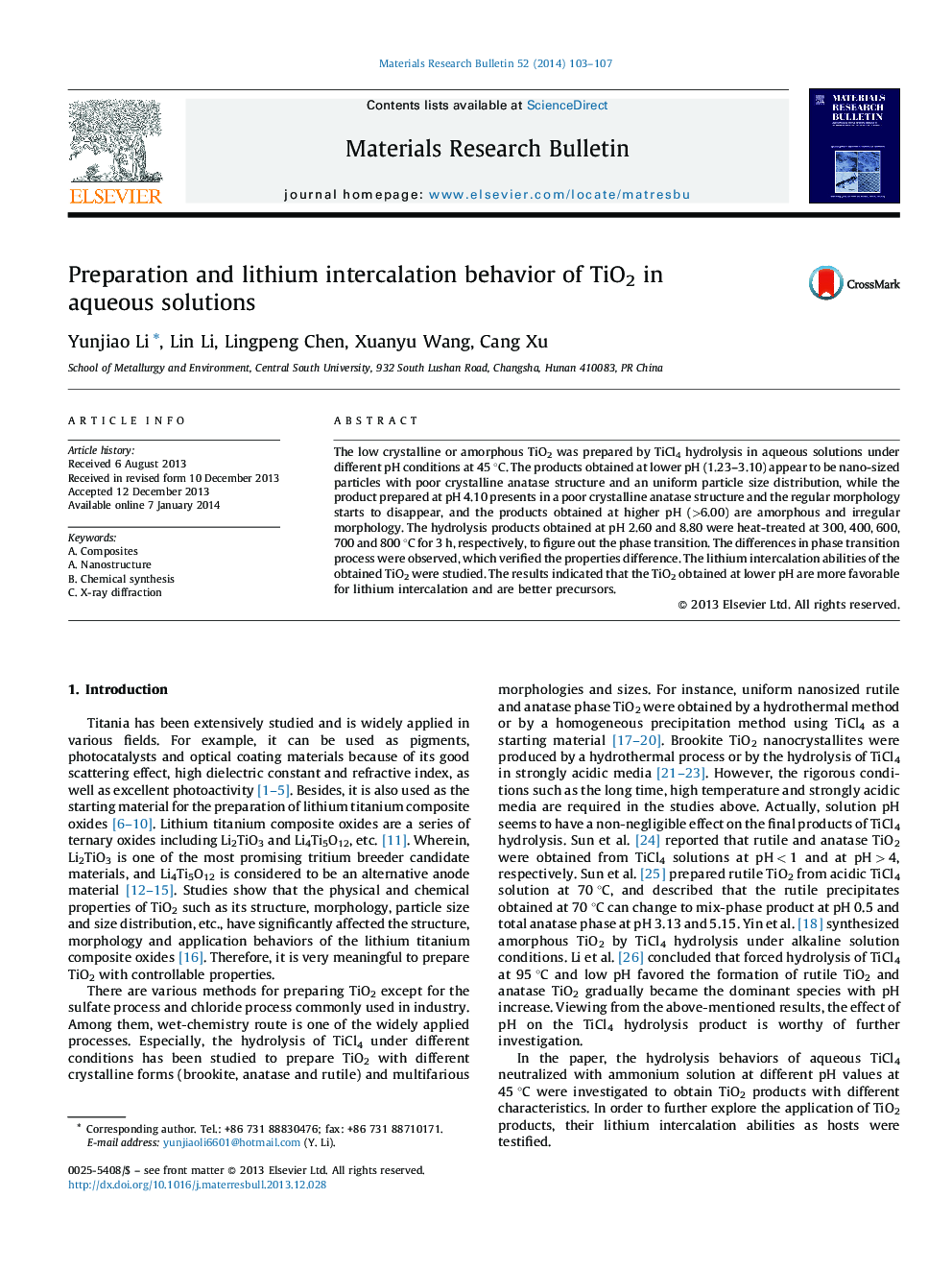 Preparation and lithium intercalation behavior of TiO2 in aqueous solutions