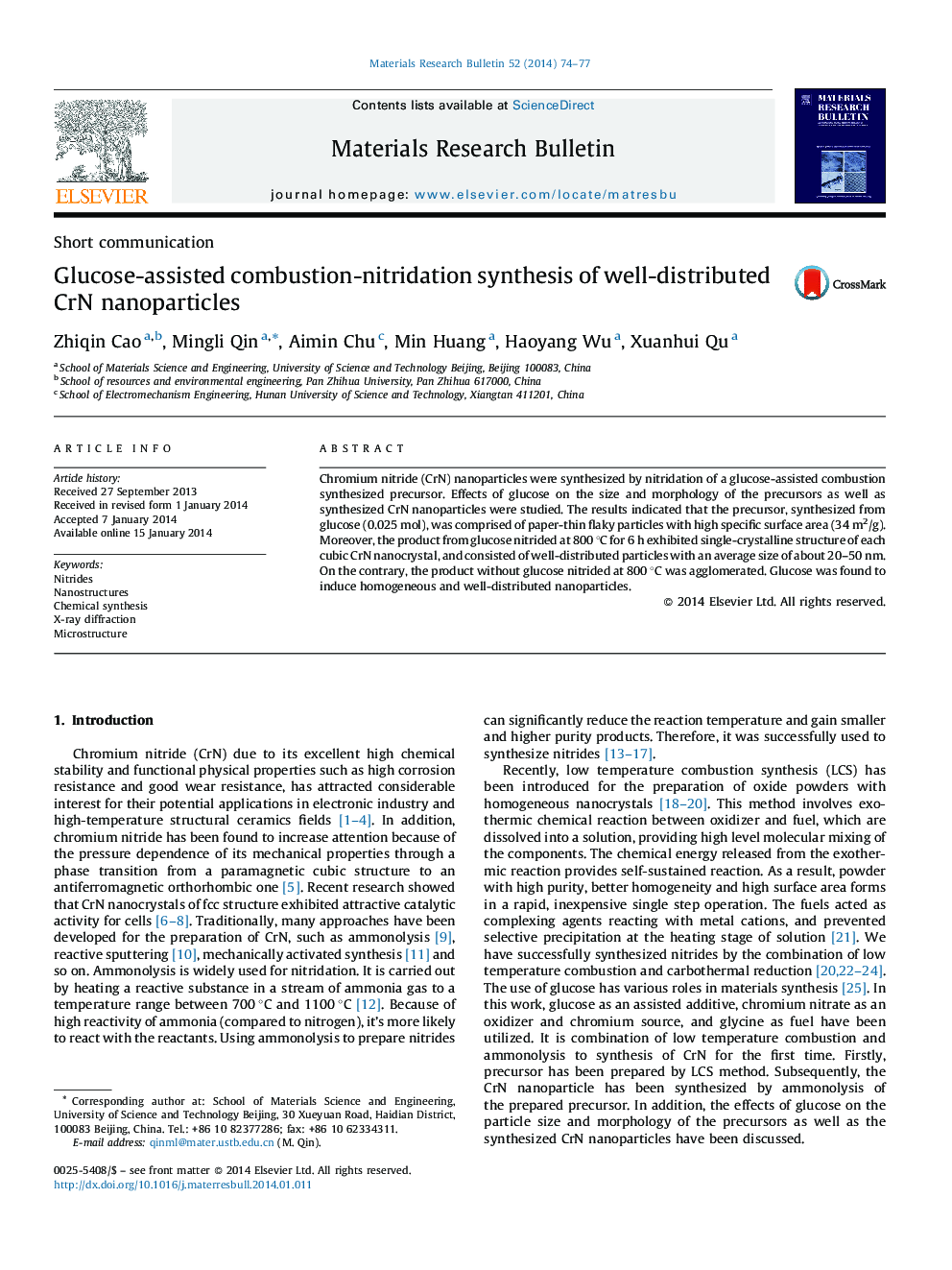 Glucose-assisted combustion-nitridation synthesis of well-distributed CrN nanoparticles