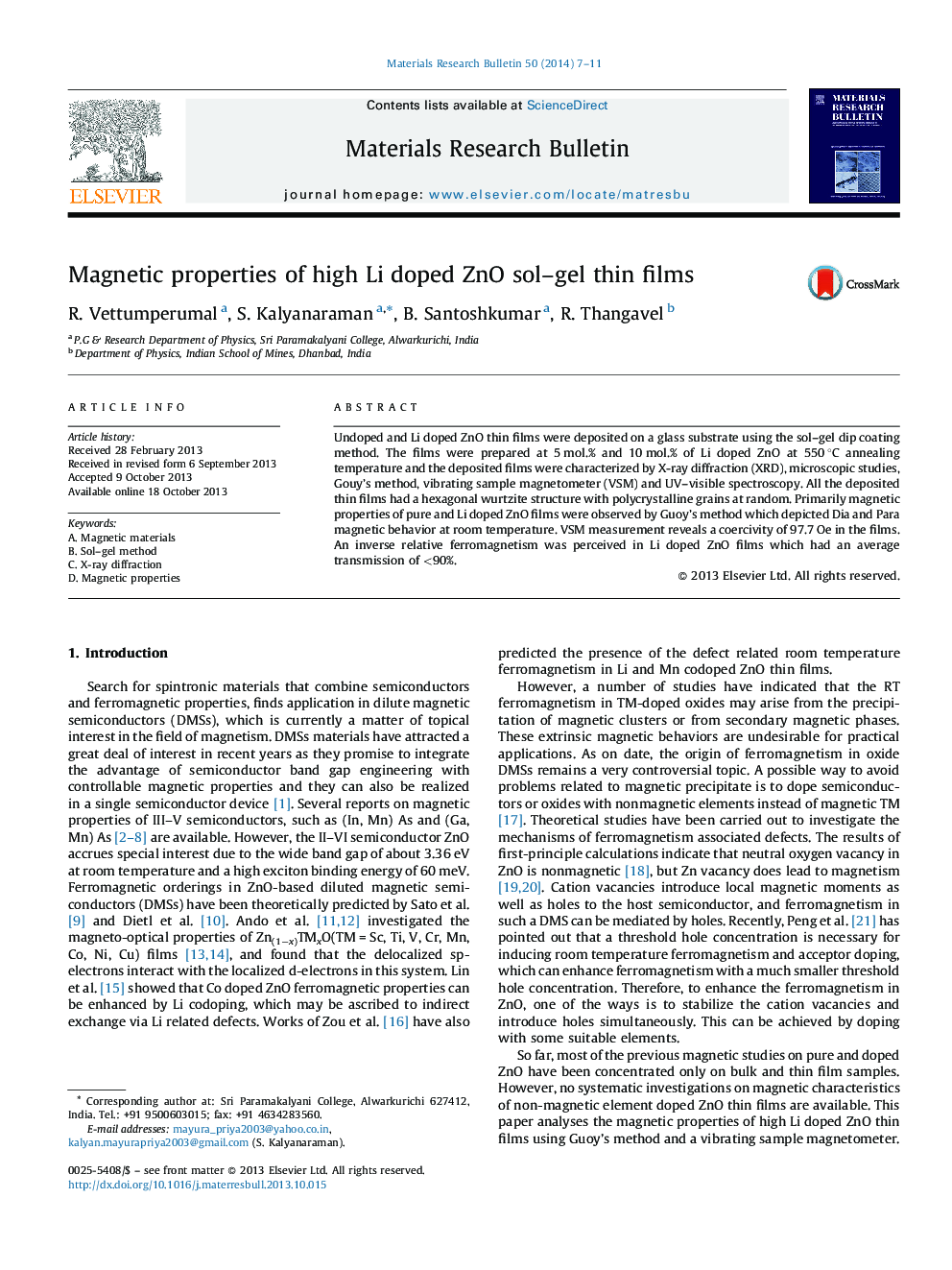 Magnetic properties of high Li doped ZnO sol–gel thin films