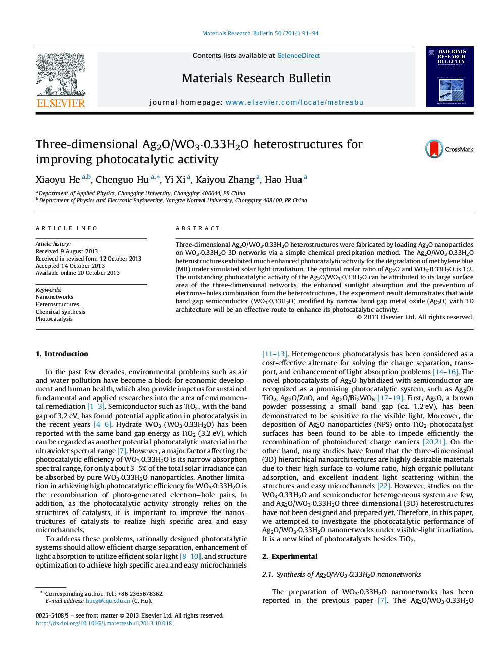 Three-dimensional Ag2O/WO3·0.33H2O heterostructures for improving photocatalytic activity