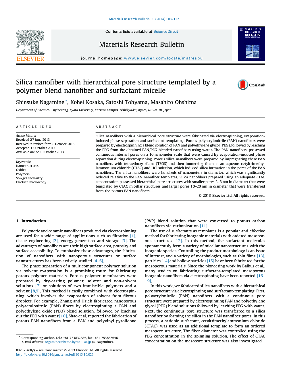 Silica nanofiber with hierarchical pore structure templated by a polymer blend nanofiber and surfactant micelle