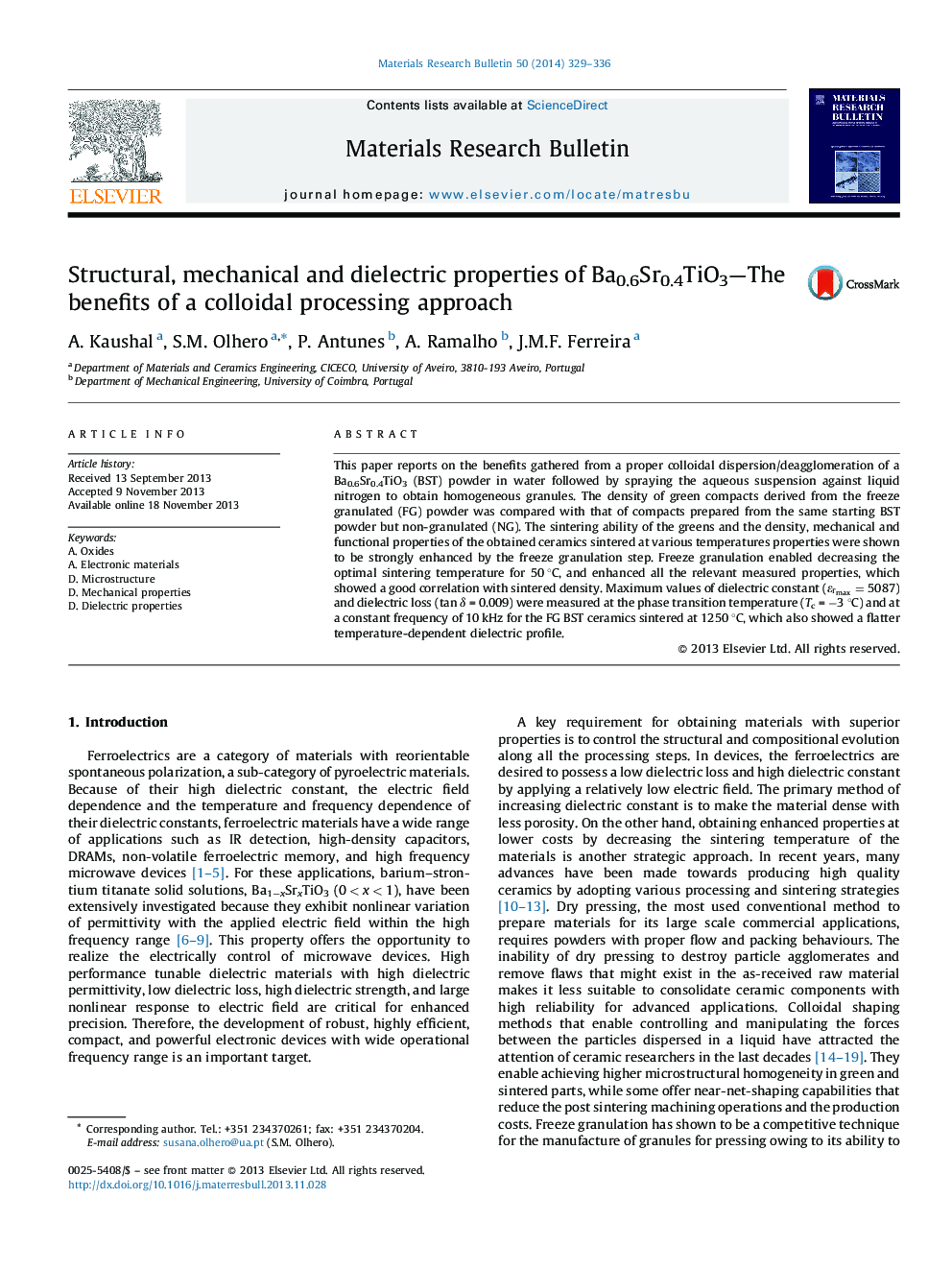 Structural, mechanical and dielectric properties of Ba0.6Sr0.4TiO3—The benefits of a colloidal processing approach