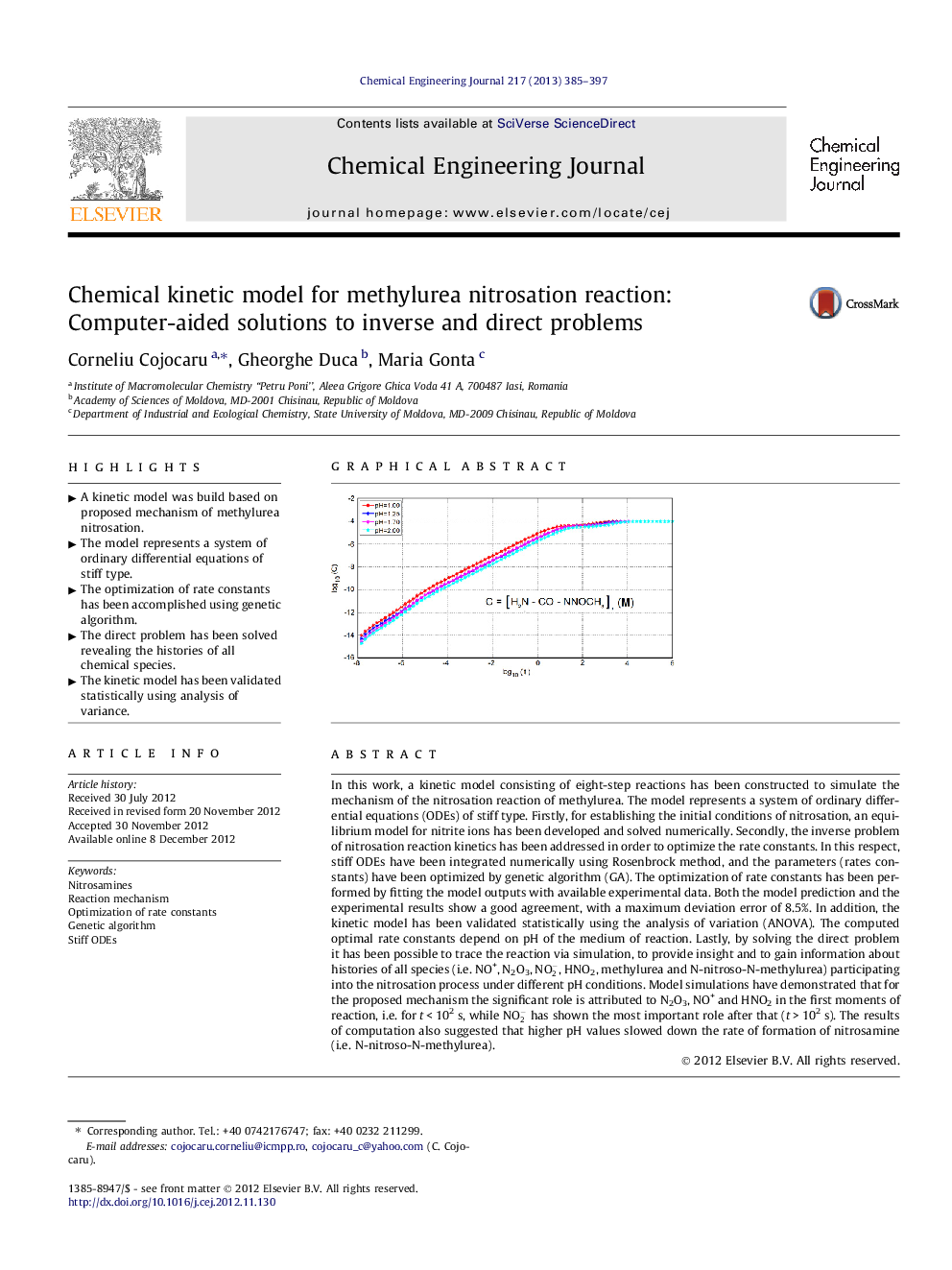 Chemical kinetic model for methylurea nitrosation reaction: Computer-aided solutions to inverse and direct problems