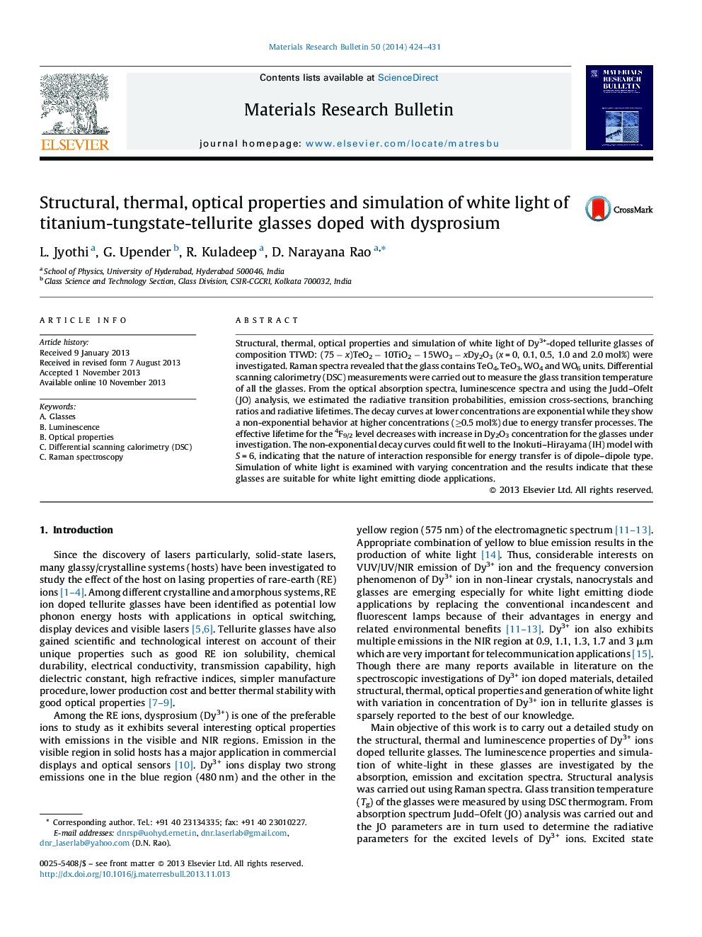 Structural, thermal, optical properties and simulation of white light of titanium-tungstate-tellurite glasses doped with dysprosium