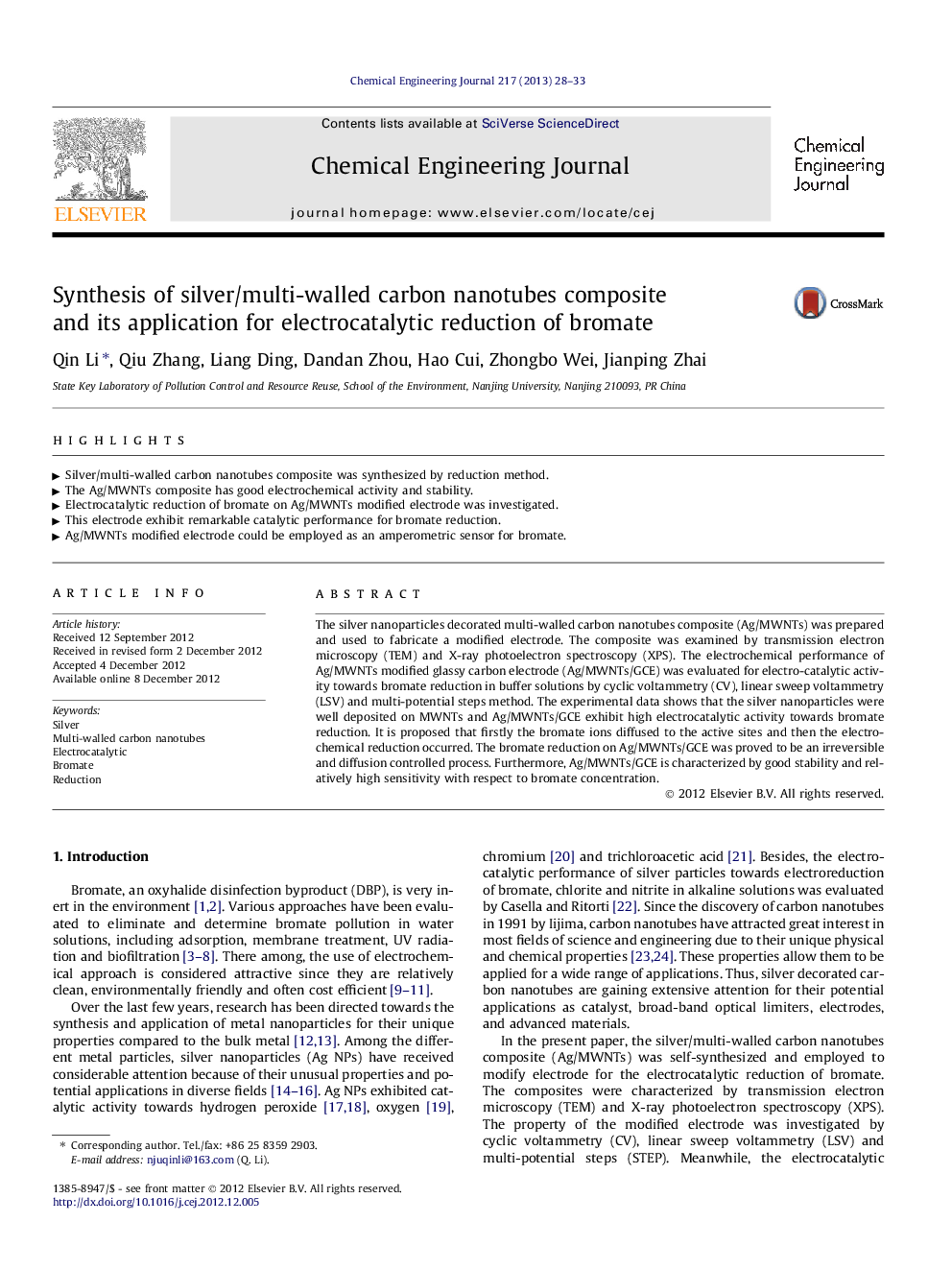 Synthesis of silver/multi-walled carbon nanotubes composite and its application for electrocatalytic reduction of bromate