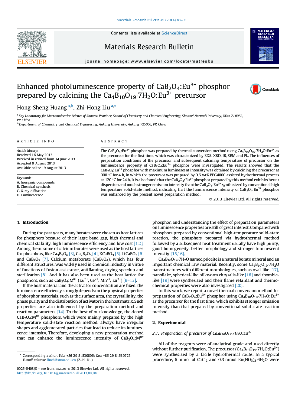 Enhanced photoluminescence property of CaB2O4:Eu3+ phosphor prepared by calcining the Ca4B10O19Â·7H2O:Eu3+ precursor