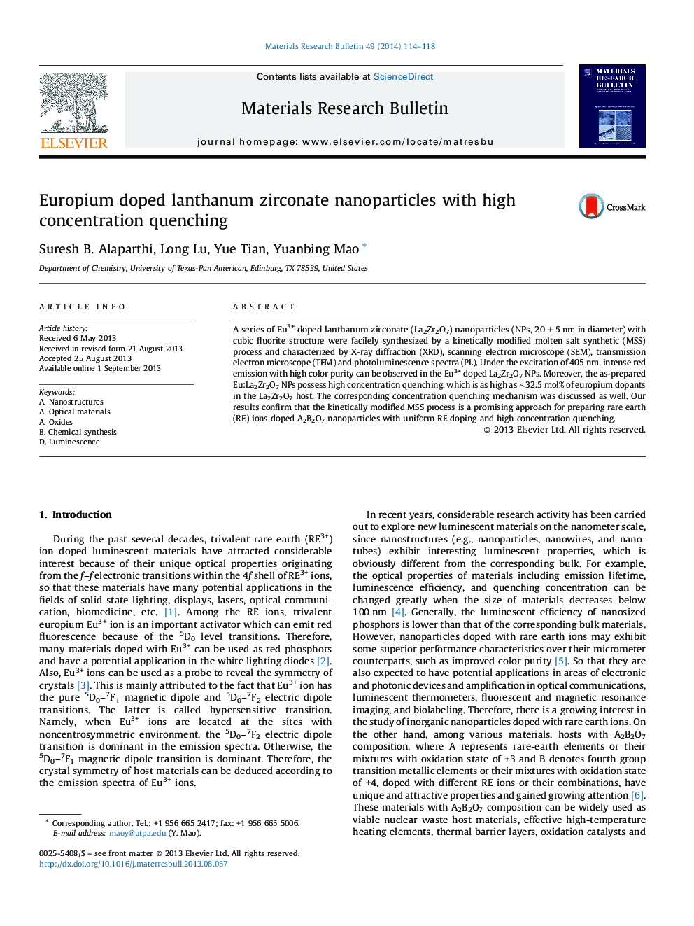 Europium doped lanthanum zirconate nanoparticles with high concentration quenching