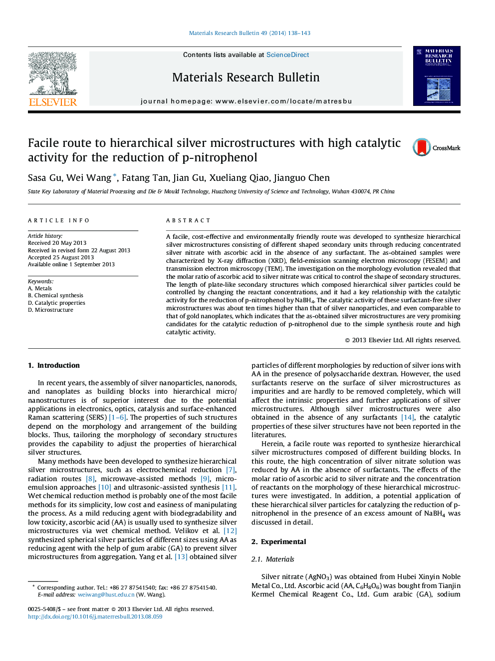 Facile route to hierarchical silver microstructures with high catalytic activity for the reduction of p-nitrophenol