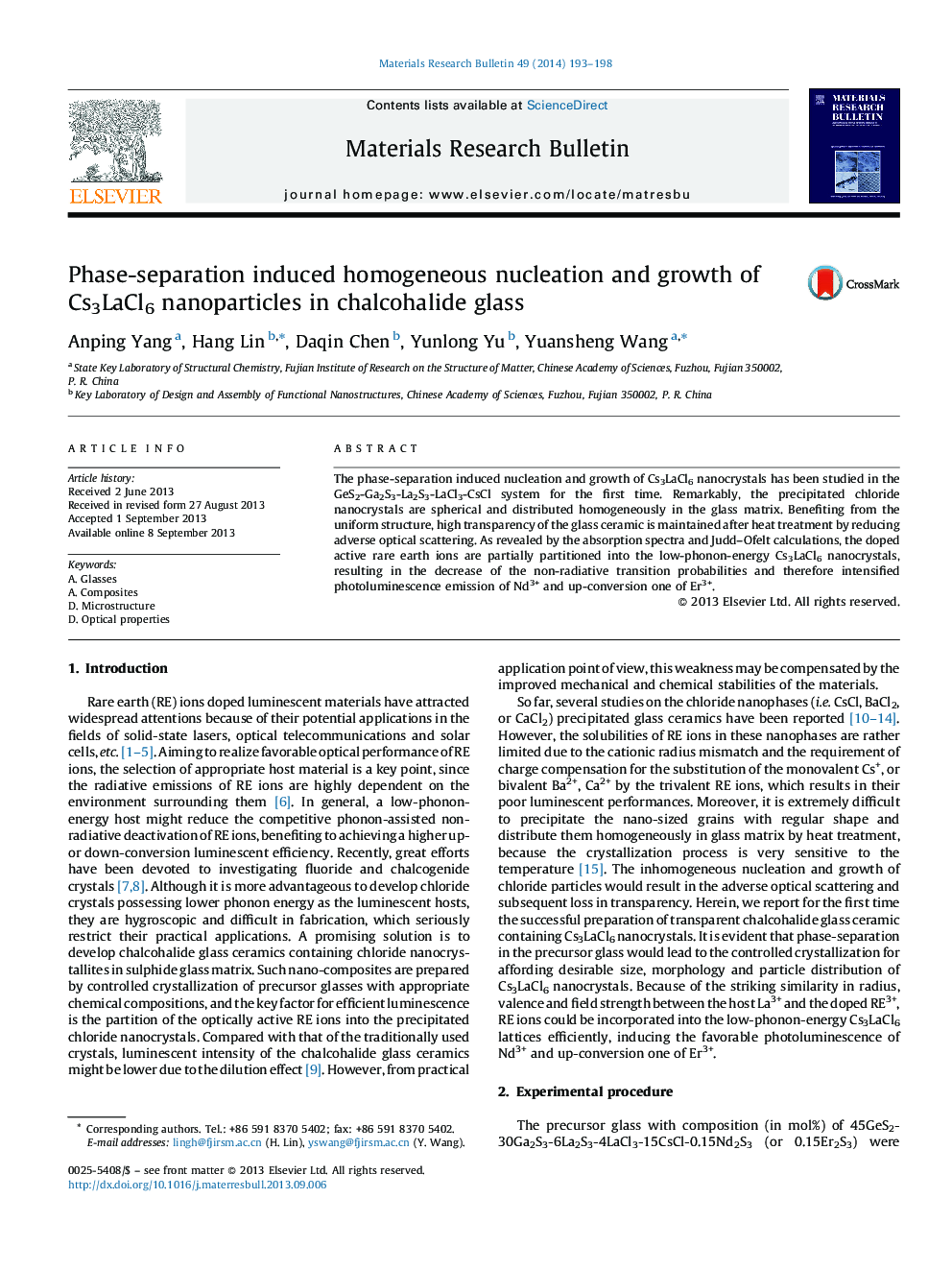 Phase-separation induced homogeneous nucleation and growth of Cs3LaCl6 nanoparticles in chalcohalide glass