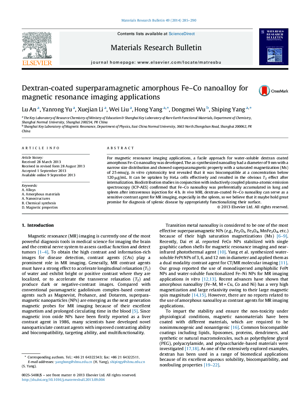 Dextran-coated superparamagnetic amorphous Fe–Co nanoalloy for magnetic resonance imaging applications