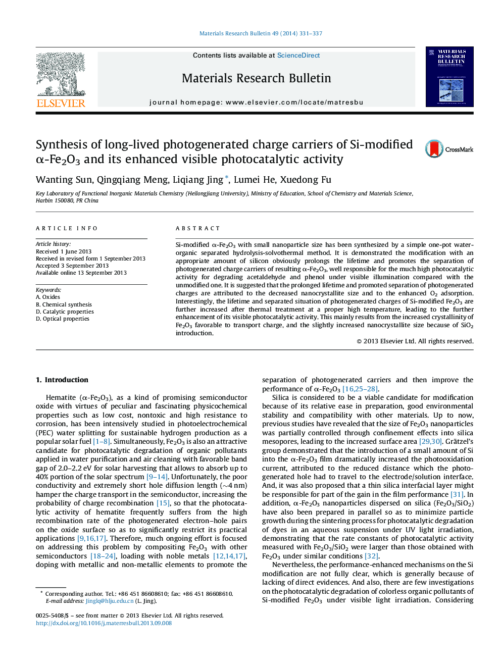 Synthesis of long-lived photogenerated charge carriers of Si-modified α-Fe2O3 and its enhanced visible photocatalytic activity