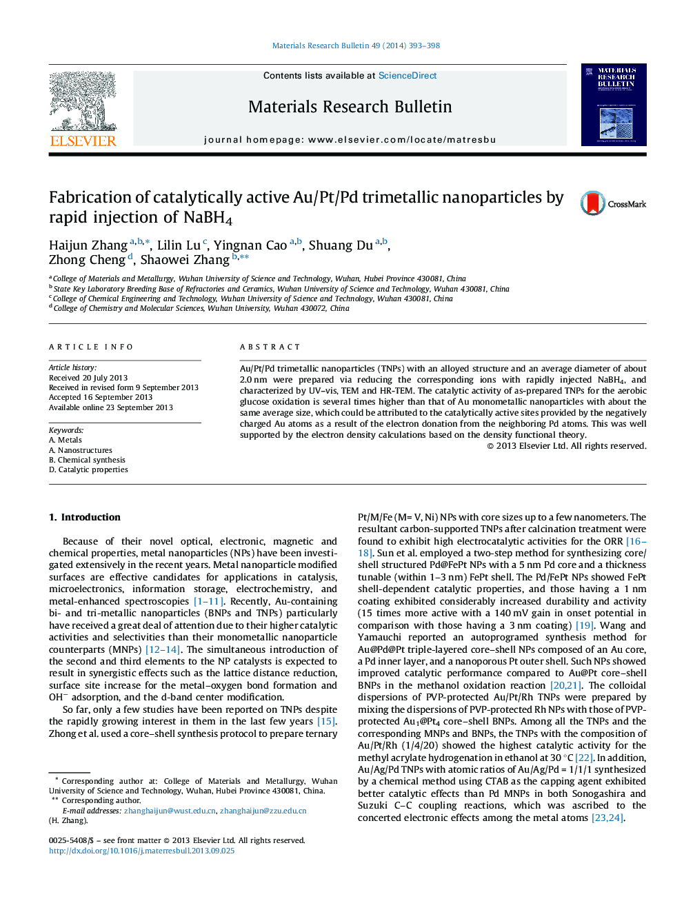 Fabrication of catalytically active Au/Pt/Pd trimetallic nanoparticles by rapid injection of NaBH4