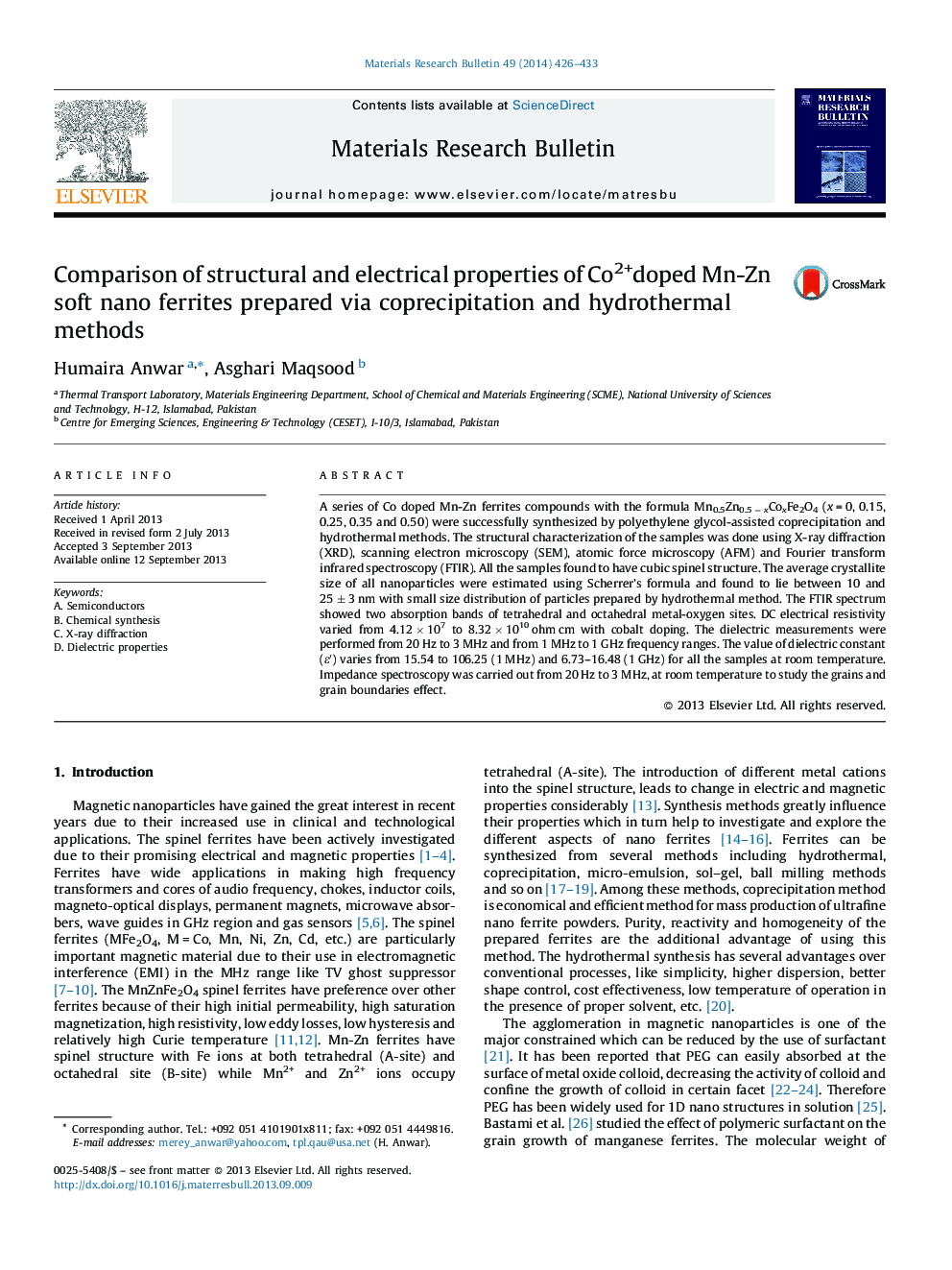 Comparison of structural and electrical properties of Co2+doped Mn-Zn soft nano ferrites prepared via coprecipitation and hydrothermal methods