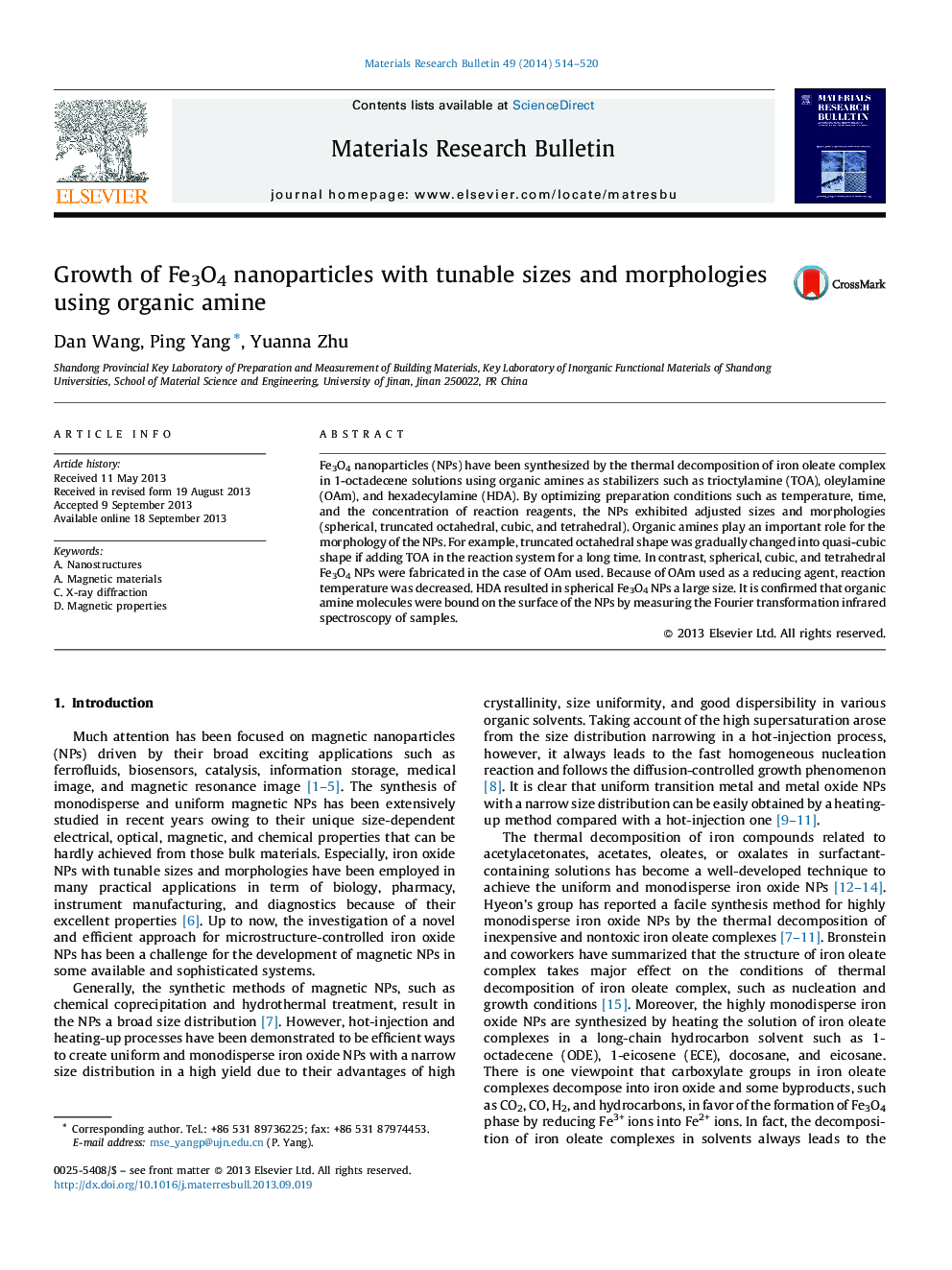 Growth of Fe3O4 nanoparticles with tunable sizes and morphologies using organic amine