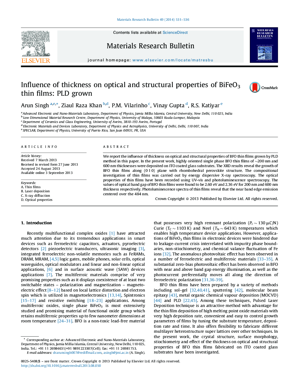 Influence of thickness on optical and structural properties of BiFeO3 thin films: PLD grown