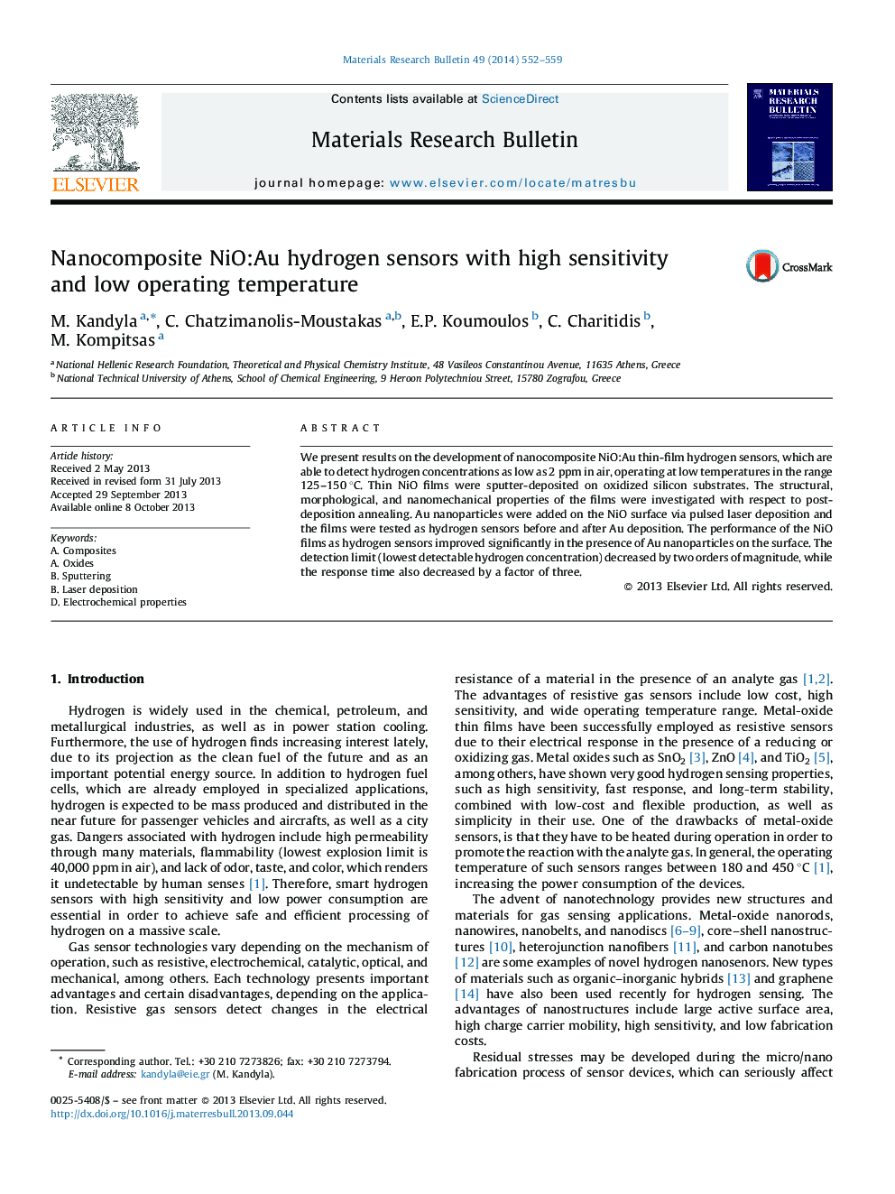 Nanocomposite NiO:Au hydrogen sensors with high sensitivity and low operating temperature