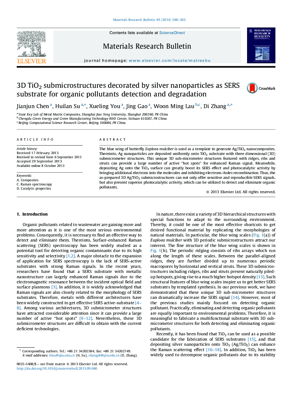 عکس صفحه اول مقاله: 3D TiO2 submicrostructures decorated by silver nanoparticles as SERS substrate for organic pollutants detection and degradation 3D TiO2 submicrostructures decorated by silver nanoparticles as SERS substrate for organic pollutants detection and degradation