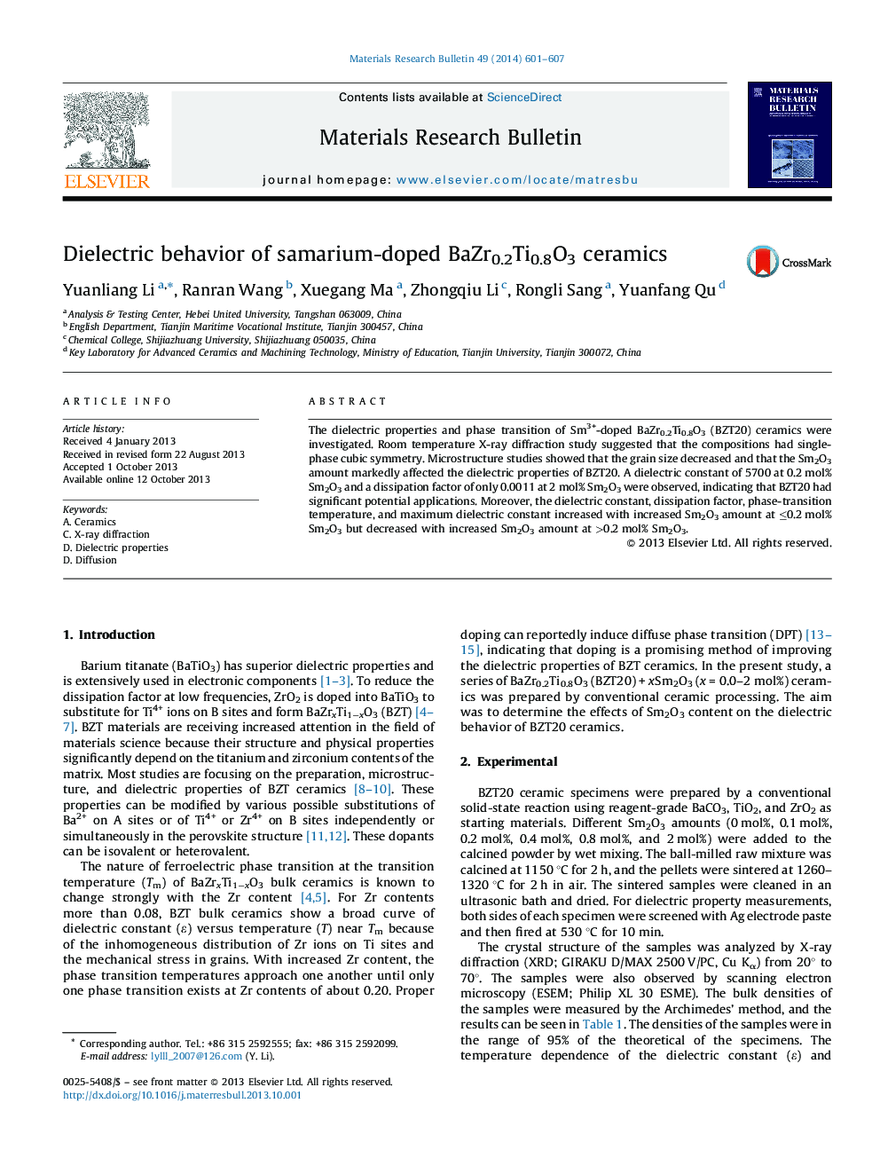 Dielectric behavior of samarium-doped BaZr0.2Ti0.8O3 ceramics