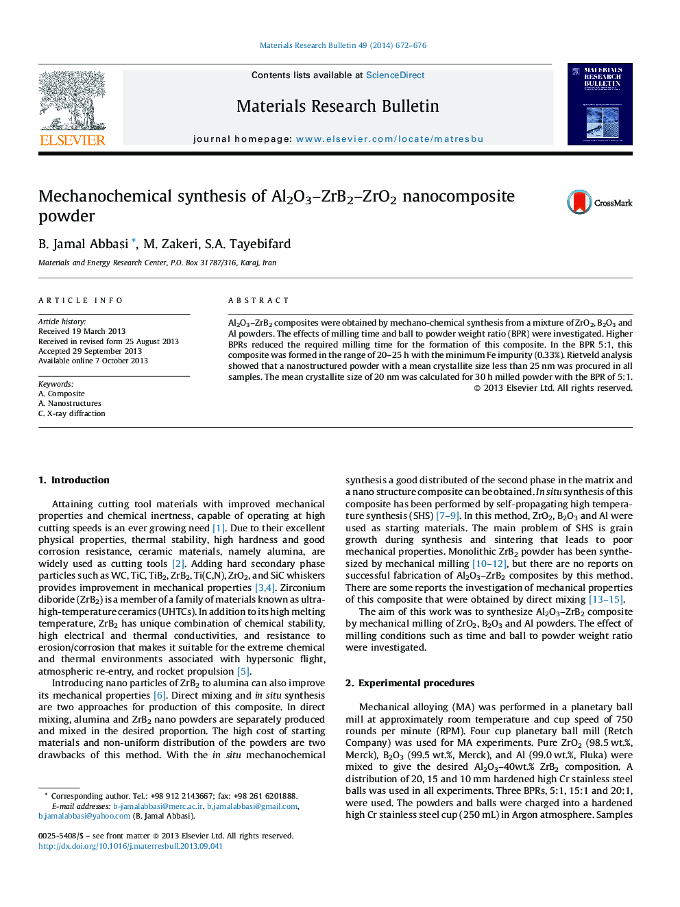 Mechanochemical synthesis of Al2O3–ZrB2–ZrO2 nanocomposite powder