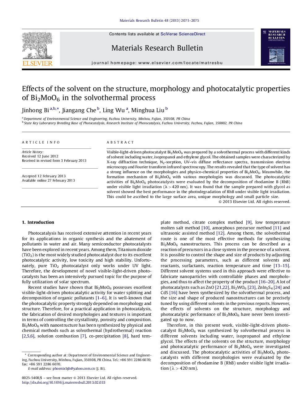 عکس صفحه اول مقاله: Effects of the solvent on the structure, morphology and photocatalytic properties of Bi2MoO6 in the solvothermal process Effects of the solvent on the structure, morphology and photocatalytic properties of Bi2MoO6 in the solvothermal process