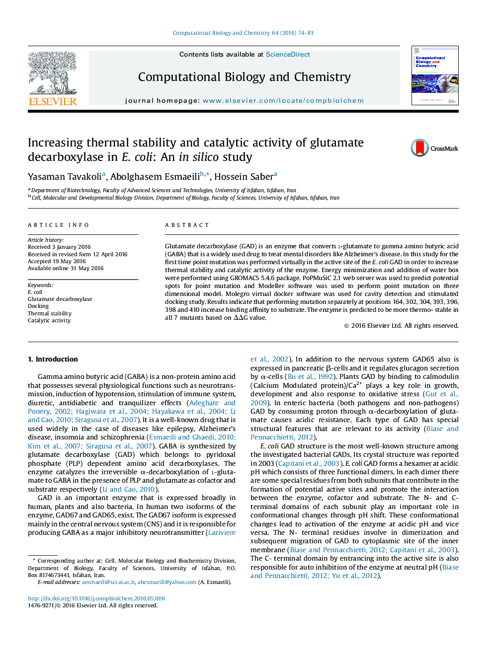 Increasing thermal stability and catalytic activity of glutamate decarboxylase in E. coli: An in silico study