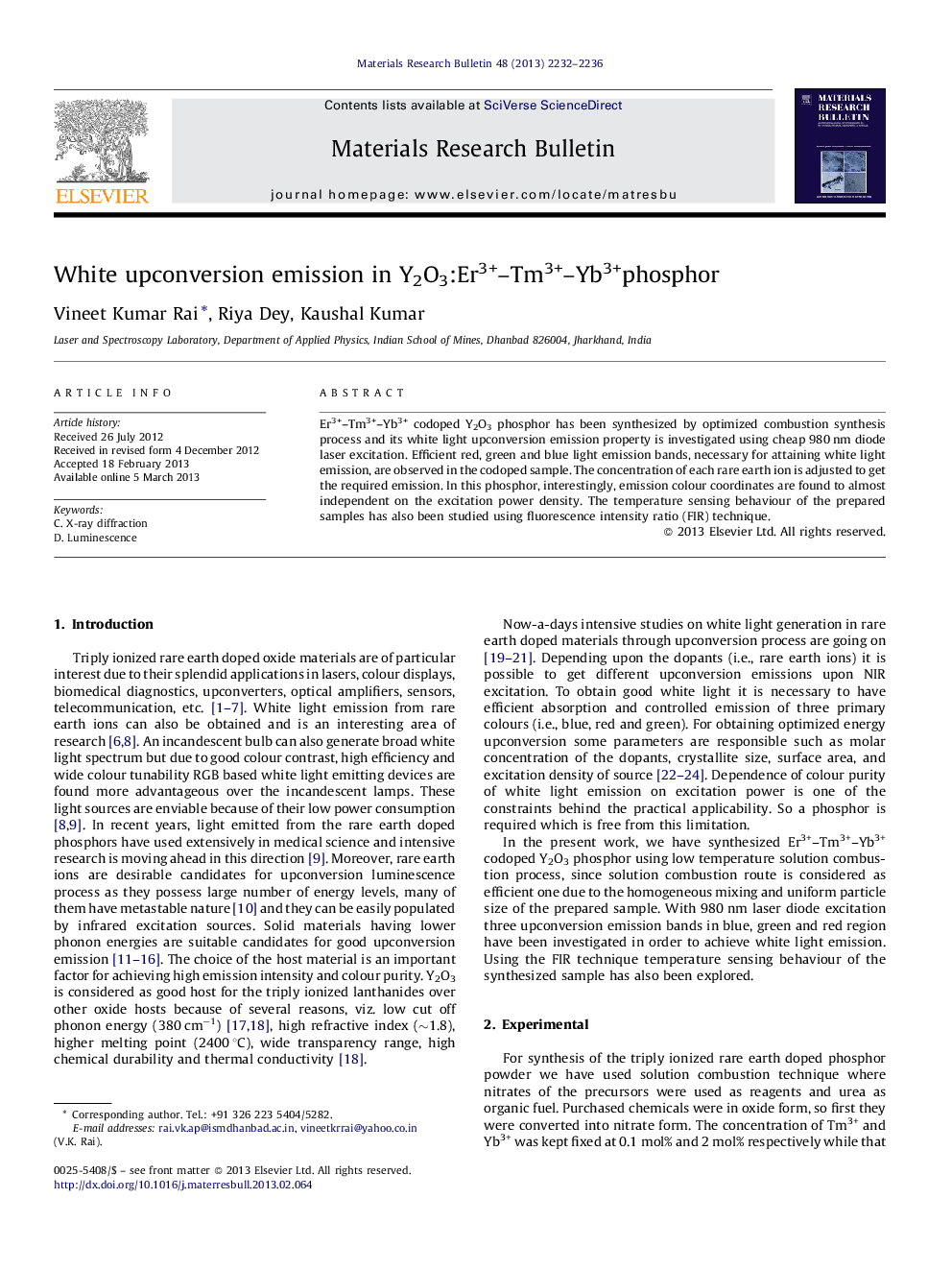 White upconversion emission in Y2O3:Er3+–Tm3+–Yb3+phosphor