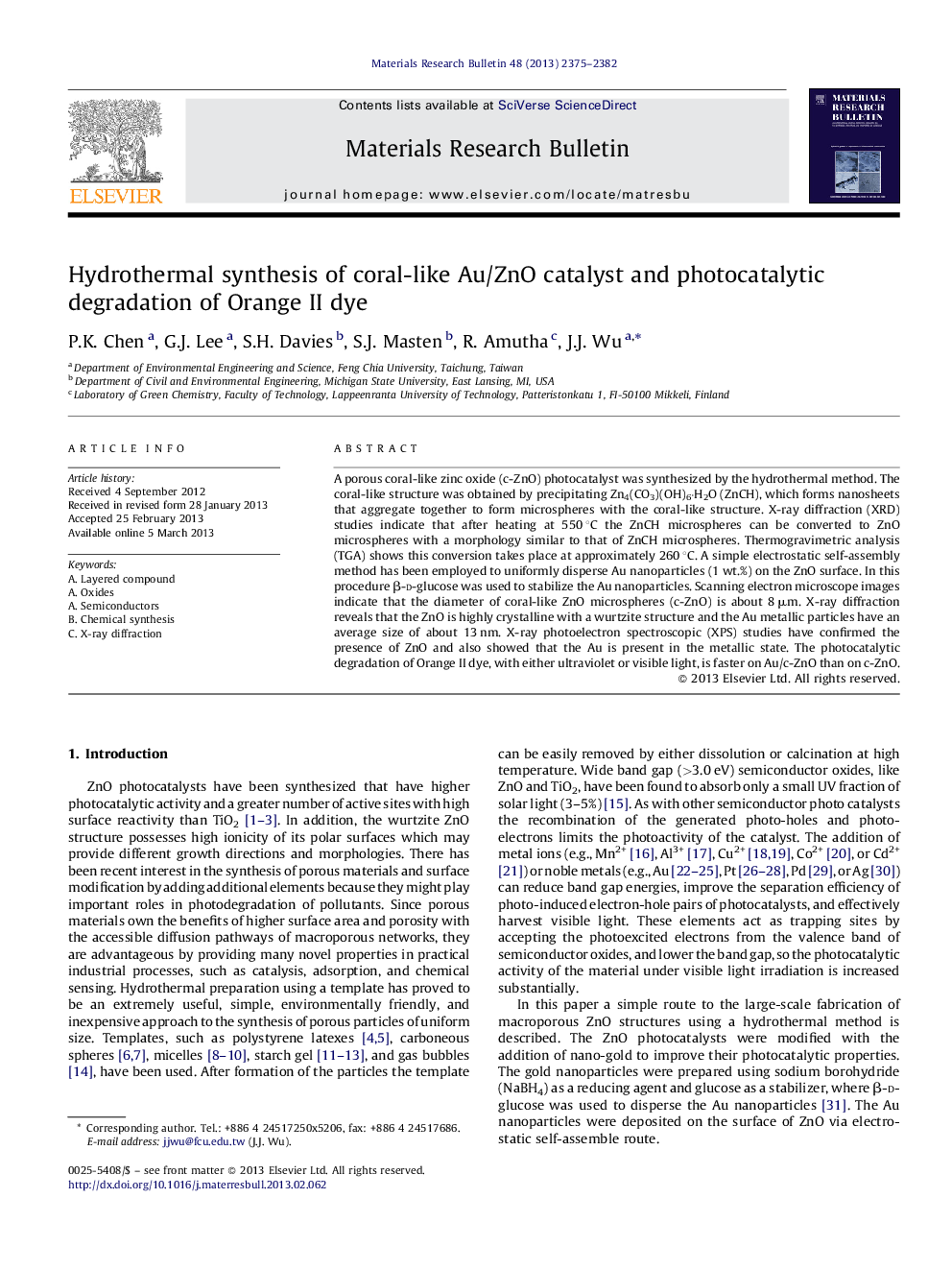 Hydrothermal synthesis of coral-like Au/ZnO catalyst and photocatalytic degradation of Orange II dye