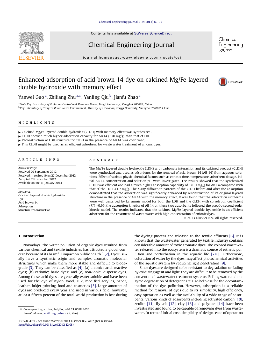 Enhanced adsorption of acid brown 14 dye on calcined Mg/Fe layered double hydroxide with memory effect