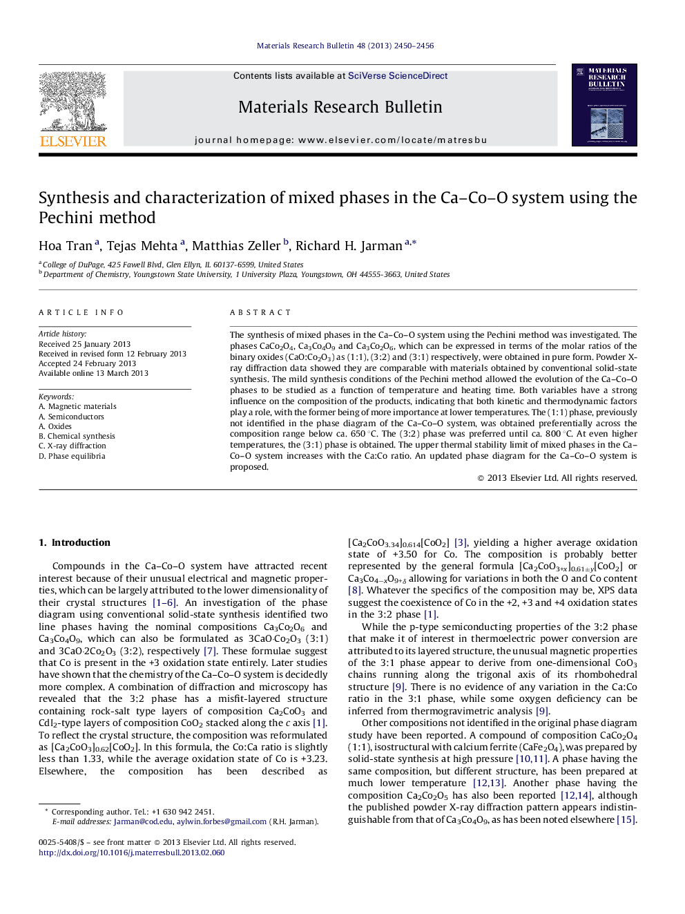 Synthesis and characterization of mixed phases in the Ca–Co–O system using the Pechini method