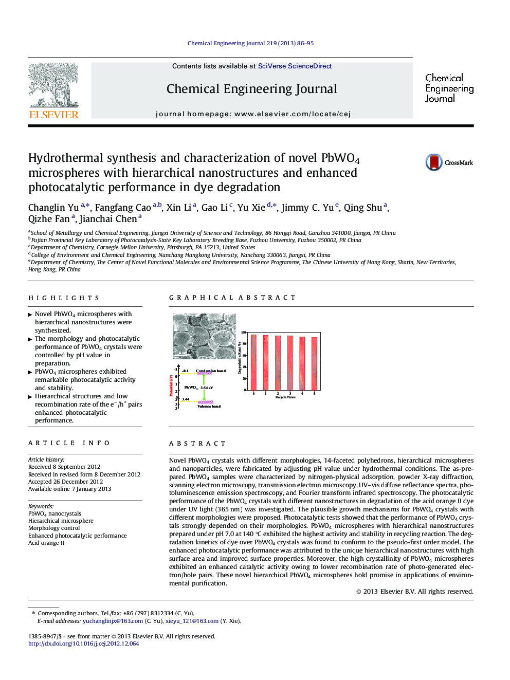 عکس صفحه اول مقاله: Hydrothermal synthesis and characterization of novel PbWO4 microspheres with hierarchical nanostructures and enhanced photocatalytic performance in dye degradation Hydrothermal synthesis and characterization of novel PbWO4 microspheres with hierarchical nanostructures and enhanced photocatalytic performance in dye degradation