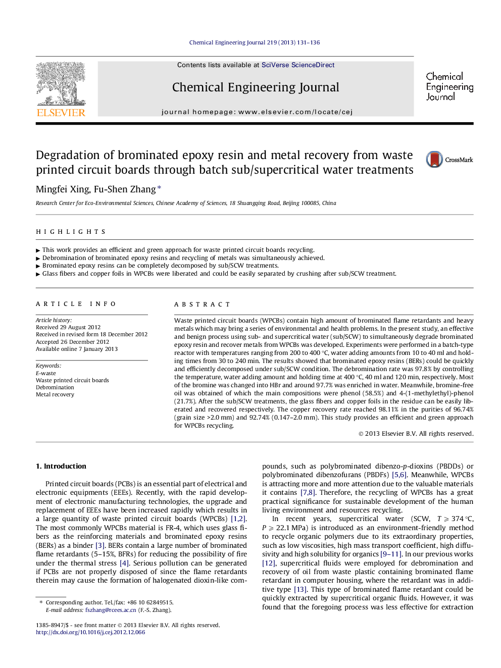 Degradation of brominated epoxy resin and metal recovery from waste printed circuit boards through batch sub/supercritical water treatments