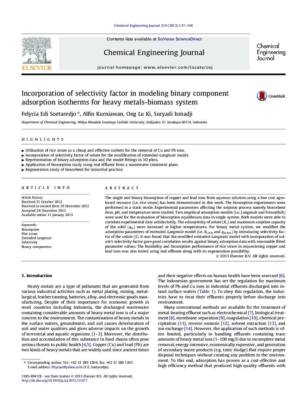عکس صفحه اول مقاله: Incorporation of selectivity factor in modeling binary component adsorption isotherms for heavy metals-biomass system Incorporation of selectivity factor in modeling binary component adsorption isotherms for heavy metals-biomass system