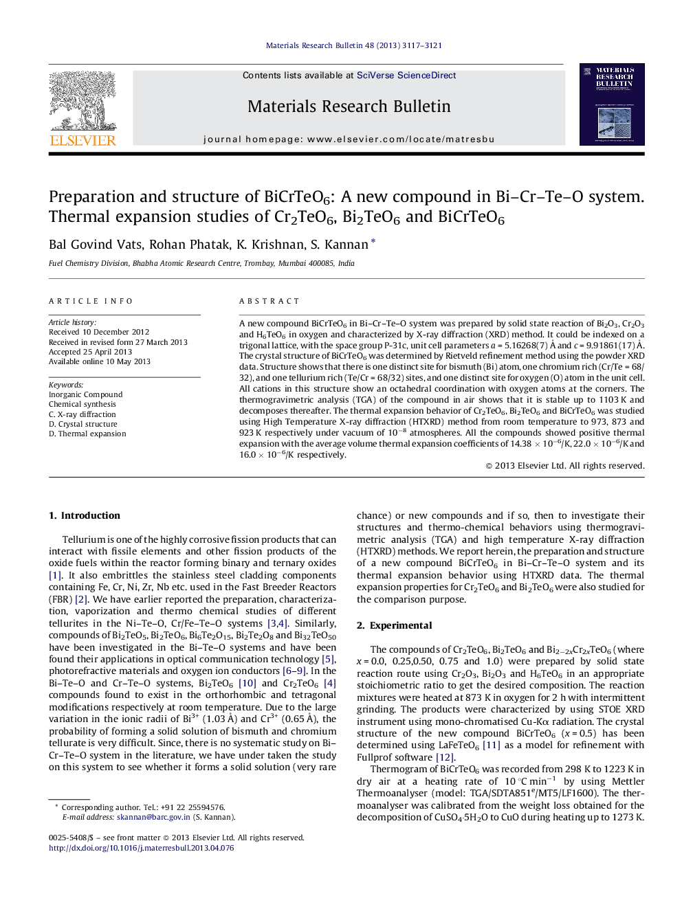 Preparation and structure of BiCrTeO6: A new compound in Bi–Cr–Te–O system. Thermal expansion studies of Cr2TeO6, Bi2TeO6 and BiCrTeO6