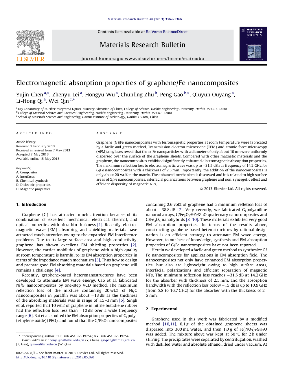 Electromagnetic absorption properties of graphene/Fe nanocomposites