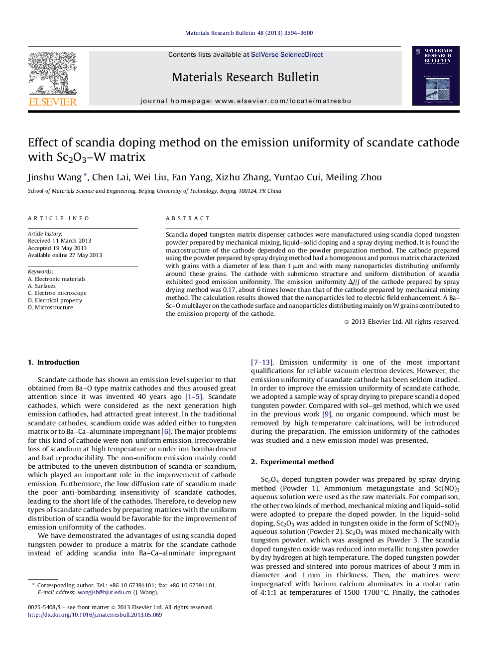 Effect of scandia doping method on the emission uniformity of scandate cathode with Sc2O3–W matrix