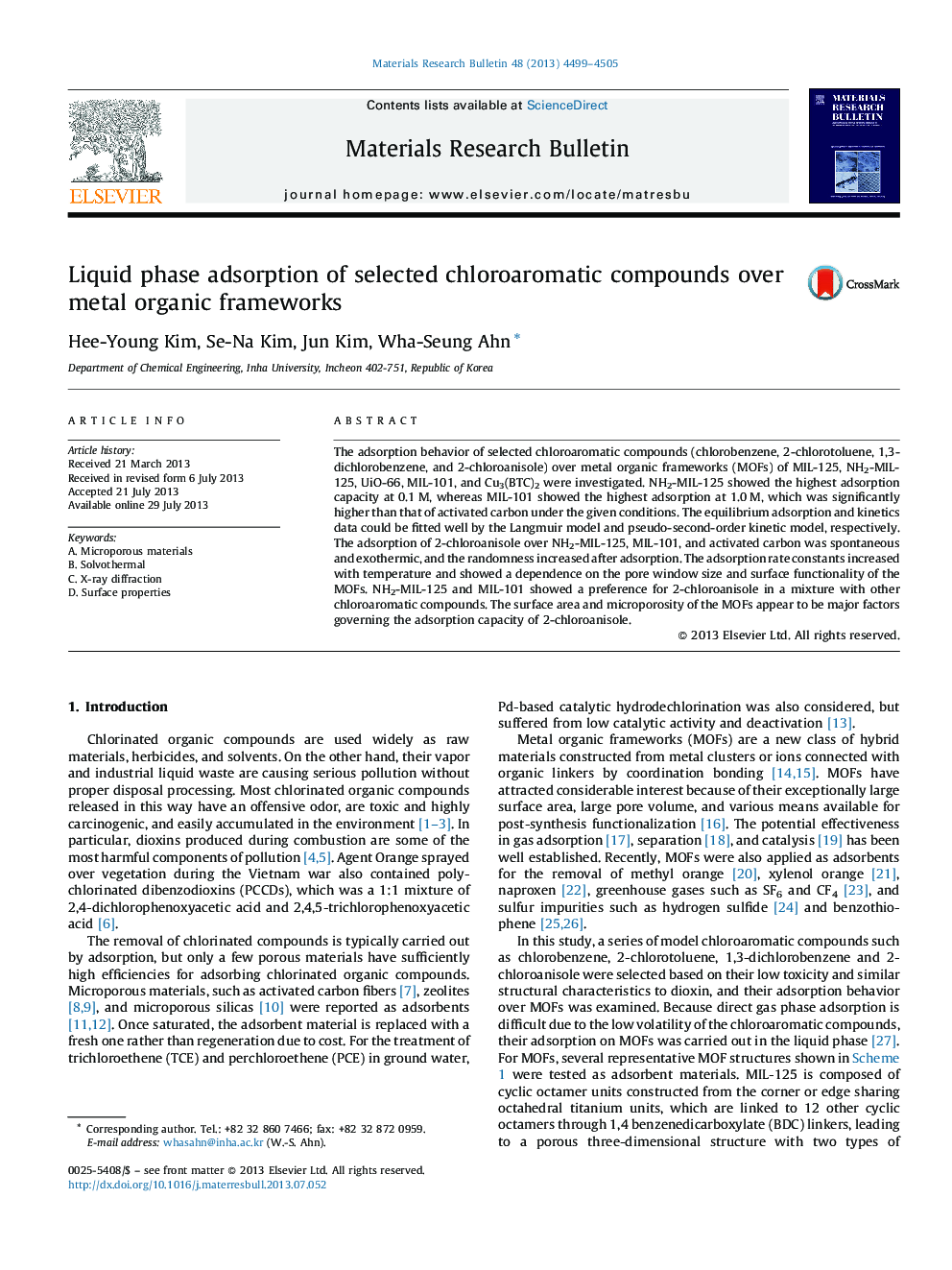 Liquid phase adsorption of selected chloroaromatic compounds over metal organic frameworks