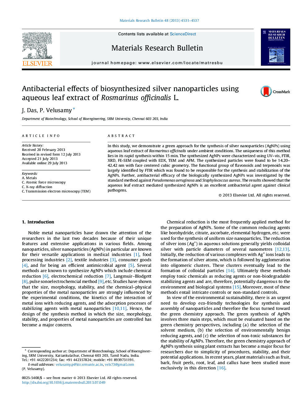 Antibacterial effects of biosynthesized silver nanoparticles using aqueous leaf extract of Rosmarinus officinalis L.