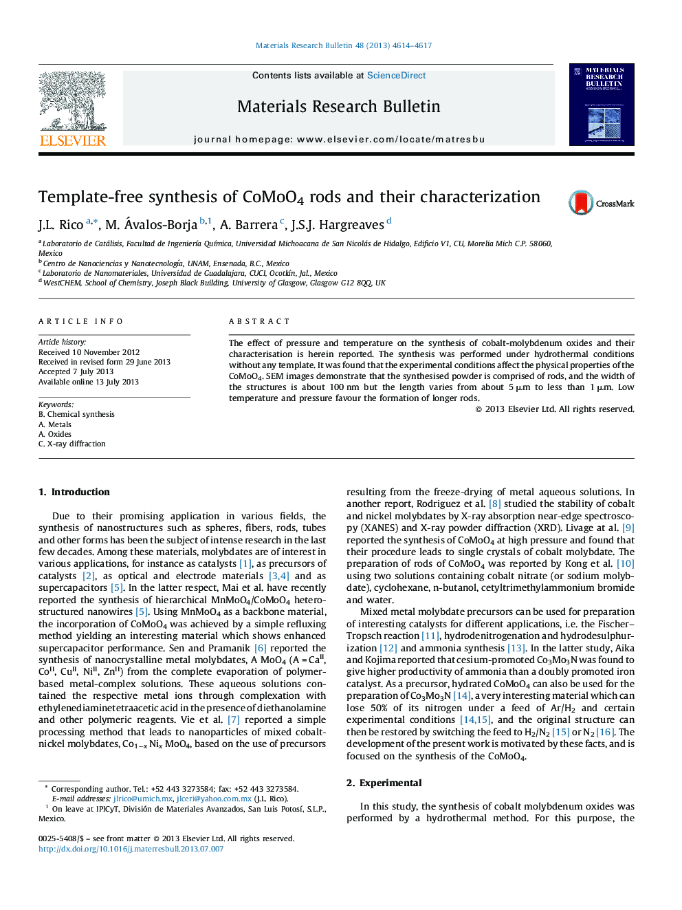 Template-free synthesis of CoMoO4 rods and their characterization