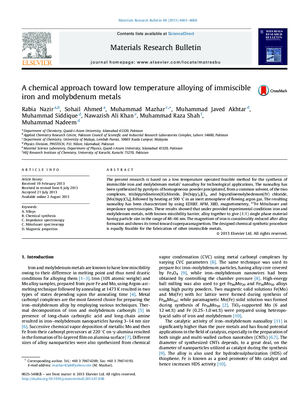 A chemical approach toward low temperature alloying of immiscible iron and molybdenum metals