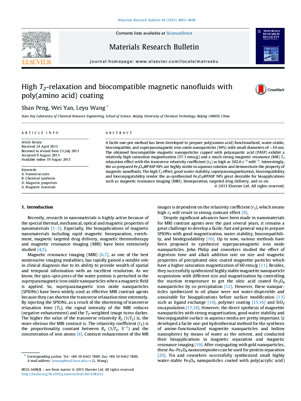 High T2-relaxation and biocompatible magnetic nanofluids with poly(amino acid) coating