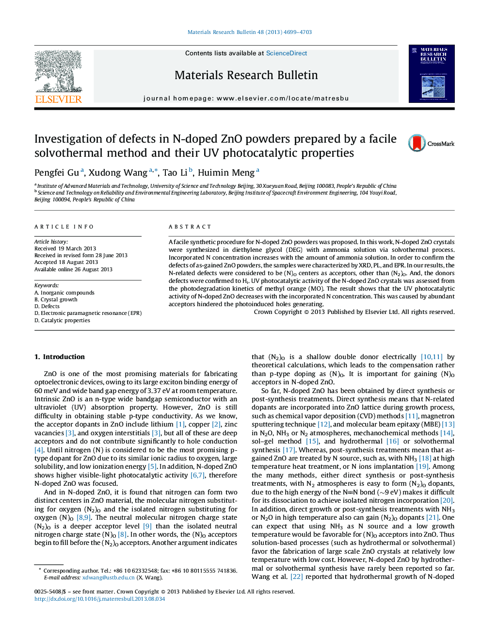 Investigation of defects in N-doped ZnO powders prepared by a facile solvothermal method and their UV photocatalytic properties