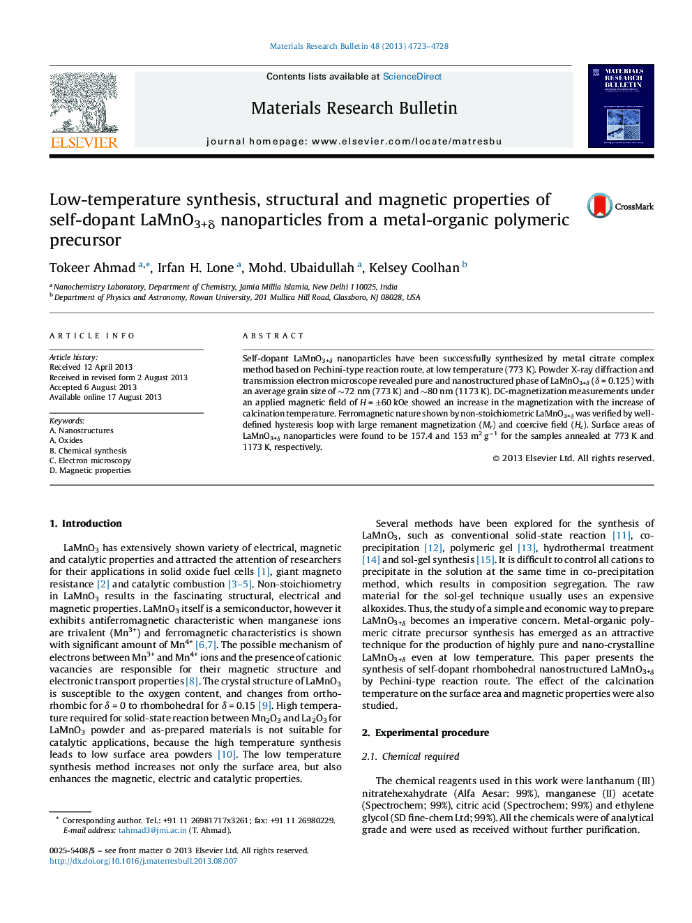 Low-temperature synthesis, structural and magnetic properties of self-dopant LaMnO3+Î´ nanoparticles from a metal-organic polymeric precursor