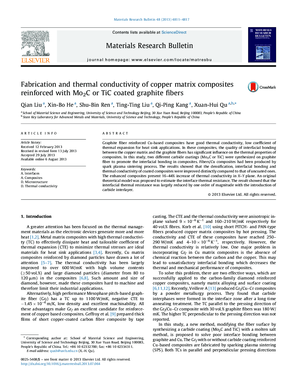 Fabrication and thermal conductivity of copper matrix composites reinforced with Mo2C or TiC coated graphite fibers