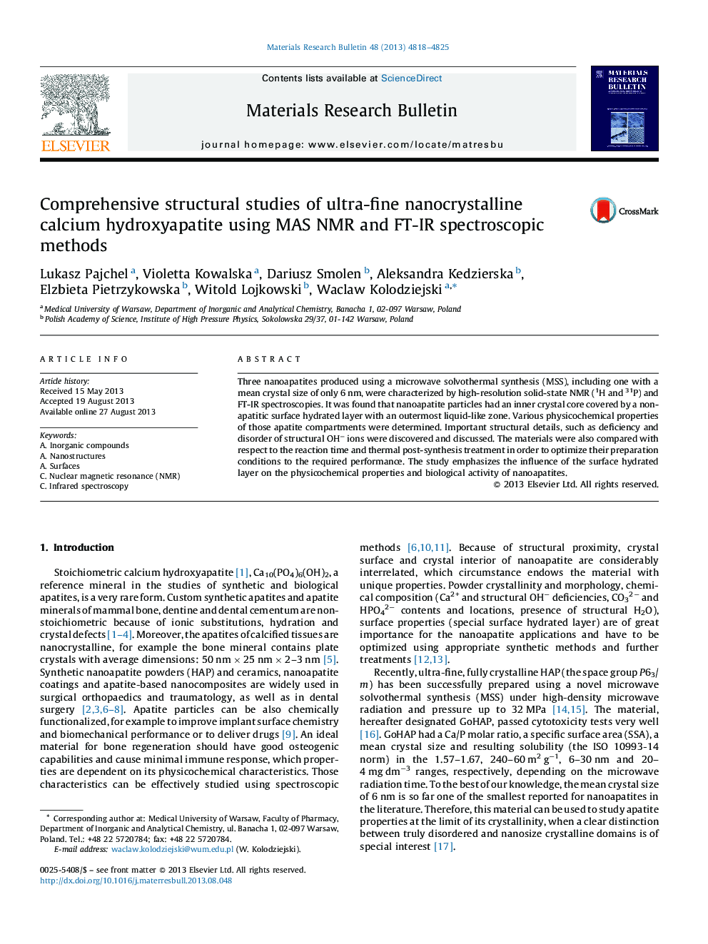 Comprehensive structural studies of ultra-fine nanocrystalline calcium hydroxyapatite using MAS NMR and FT-IR spectroscopic methods