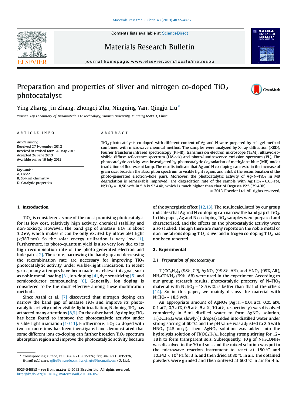 Preparation and properties of sliver and nitrogen co-doped TiO2 photocatalyst