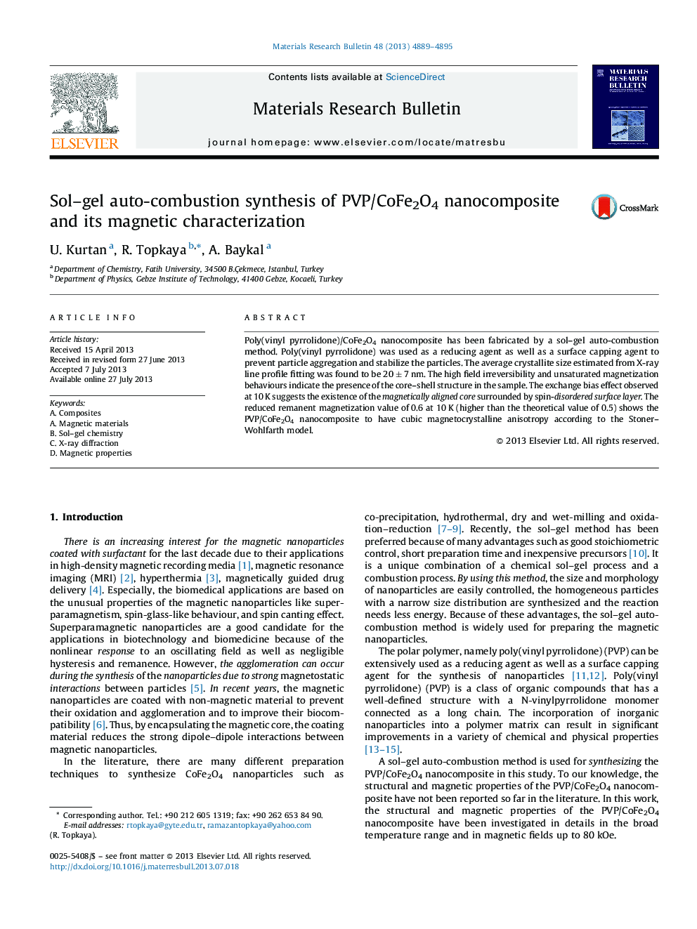 Sol–gel auto-combustion synthesis of PVP/CoFe2O4 nanocomposite and its magnetic characterization